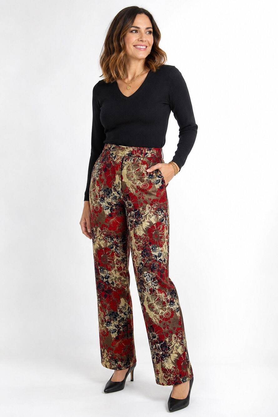 Vtg David Paul New York Red, Gold, &. Black Floral Cropped Pants Slacks Trousers
